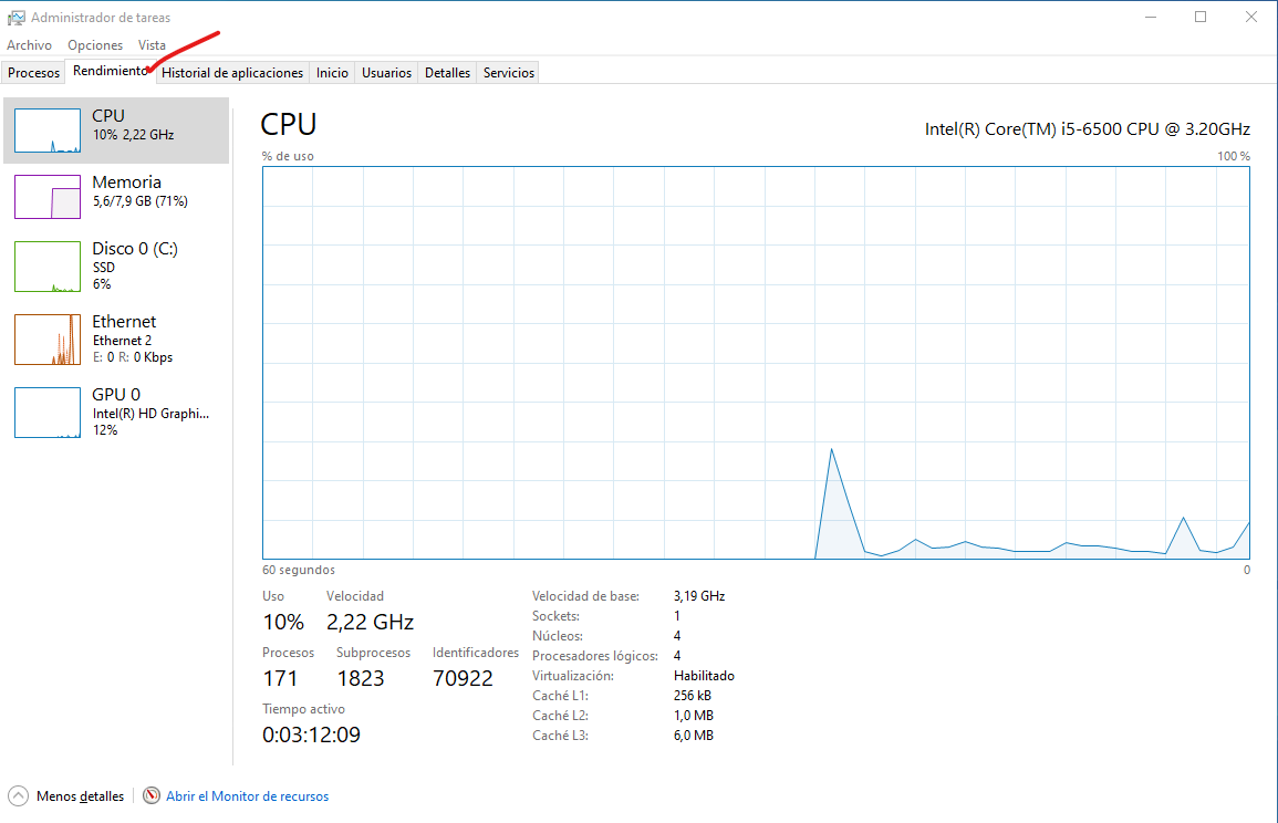 Administrador de tareas para ver el rendimiento de la RAM, disco y CPU